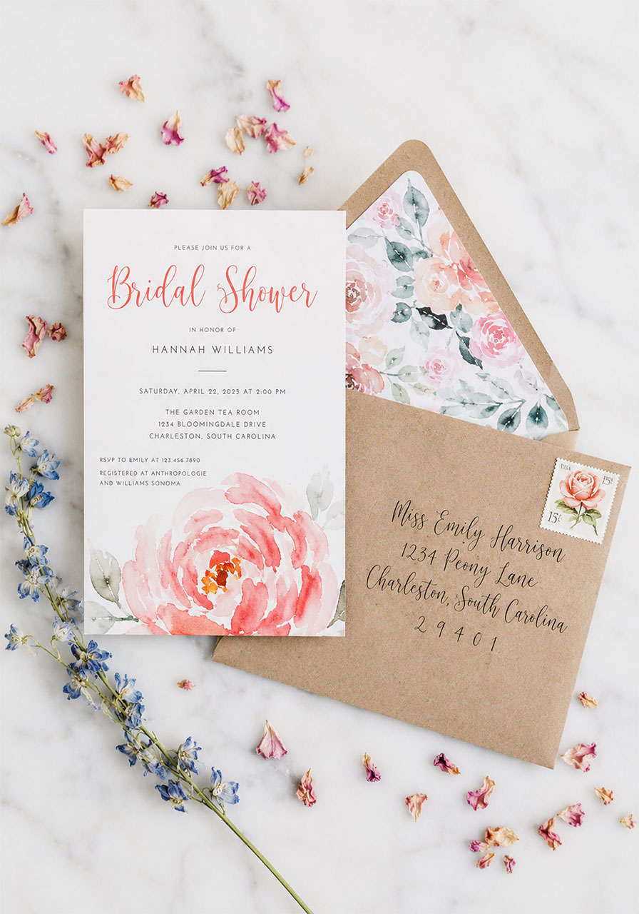 Elegant large watercolor rose garden bridal shower invitation with calligraphy on marble flat lay