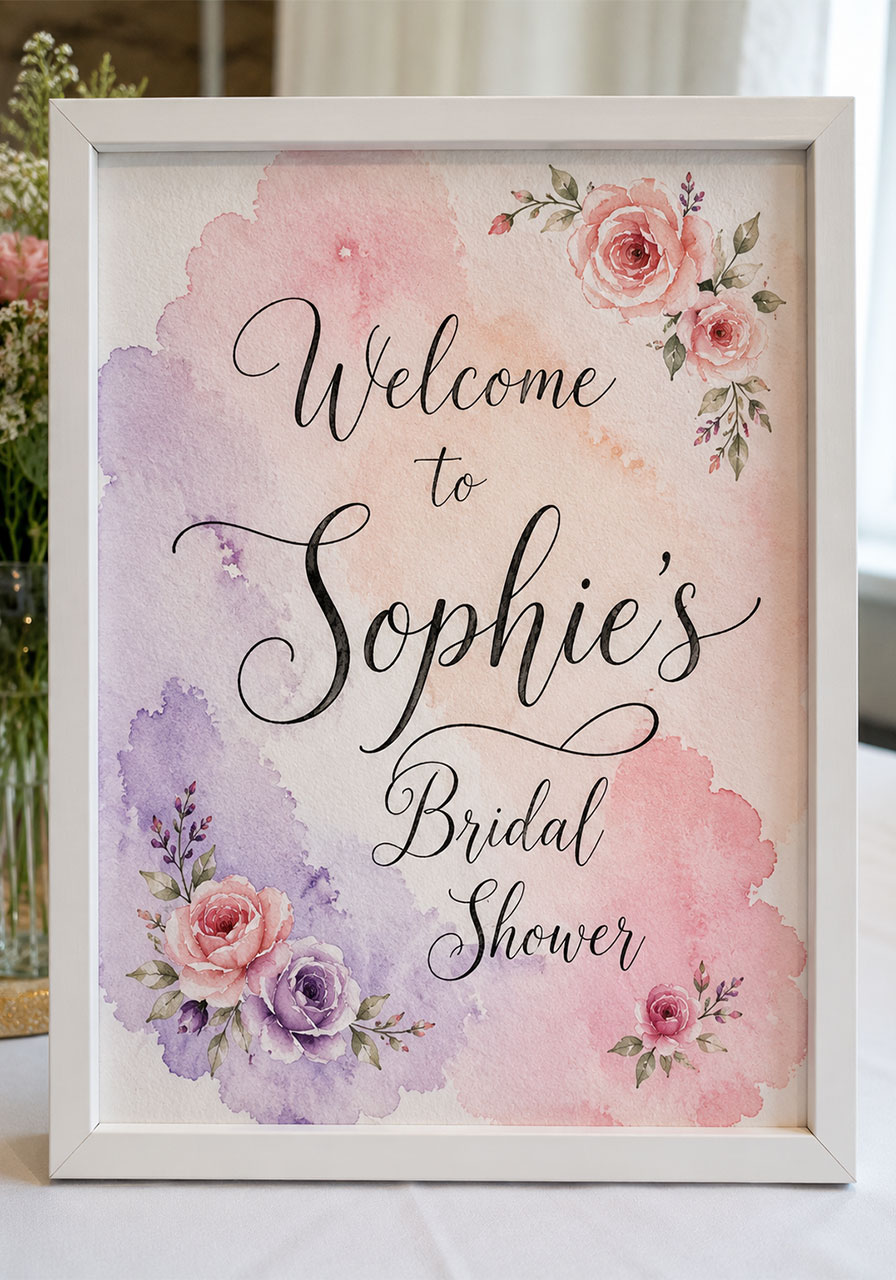 Hand-painted watercolor background bridal shower welcome sign with black brush pen calligraphy in white frame