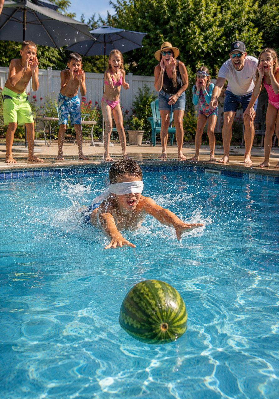 Blindfolded child swimming to find a floating watermelon in a fun summer pool party game