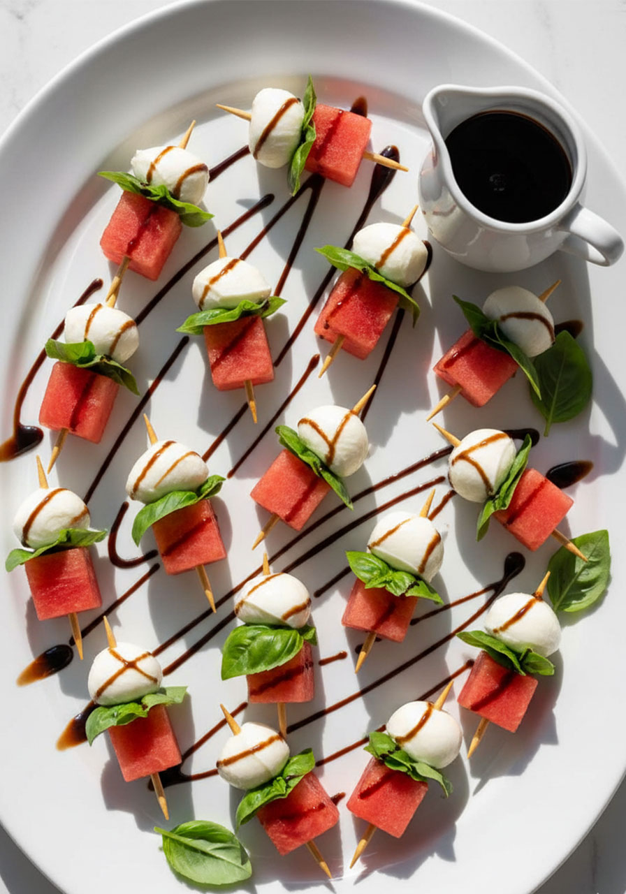 Watermelon caprese skewers with mozzarella, basil, and balsamic glaze on a white platter — refreshing pool party appetizer for kids and adults