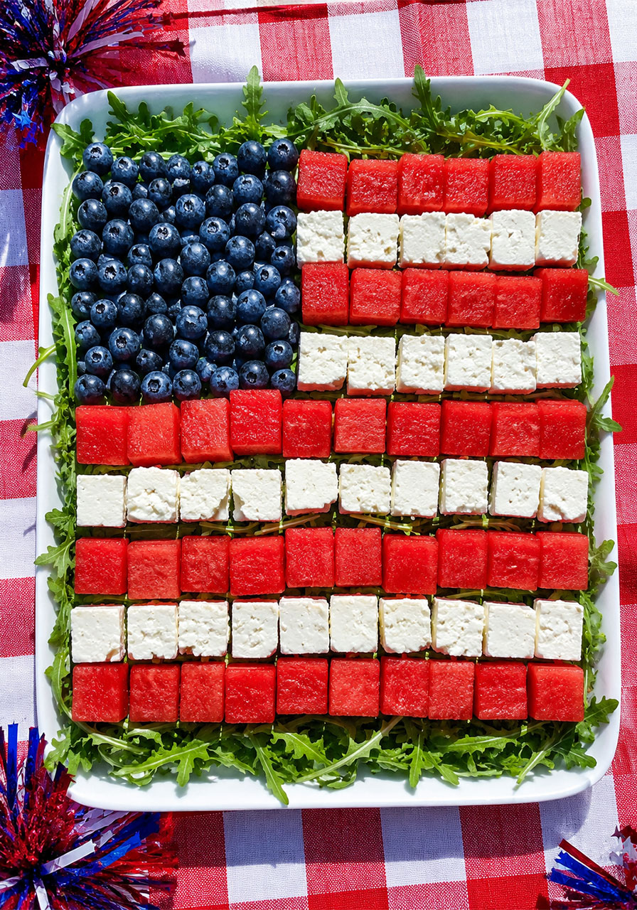 Patriotic watermelon feta flag salad with blueberries and arugula – easy Fourth of July pool party food