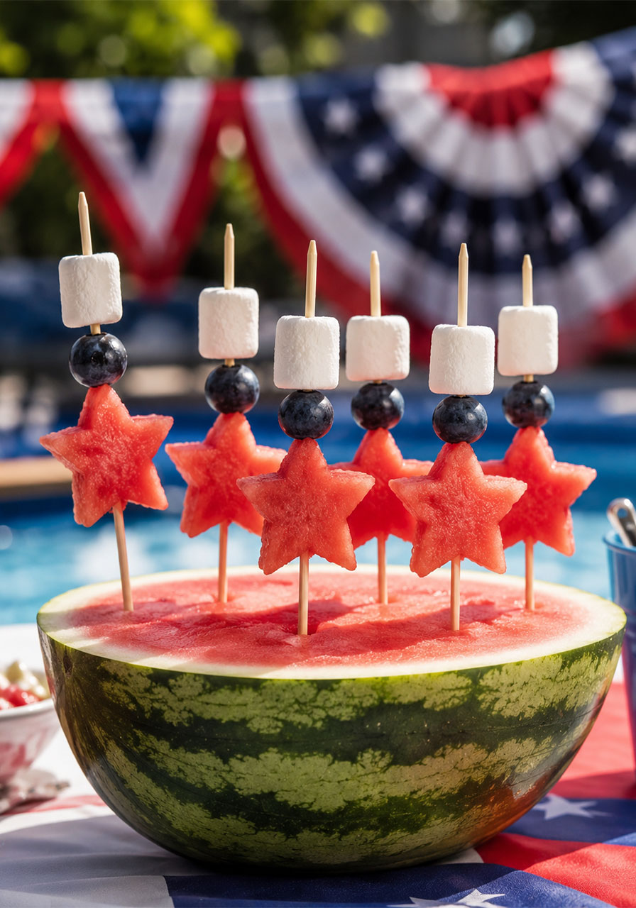 Patriotic watermelon star skewers with blueberries and marshmallows