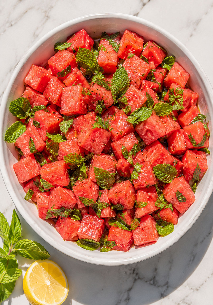 Fresh watermelon mint salad with lemon-olive oil dressing – quick and refreshing pool party side dish