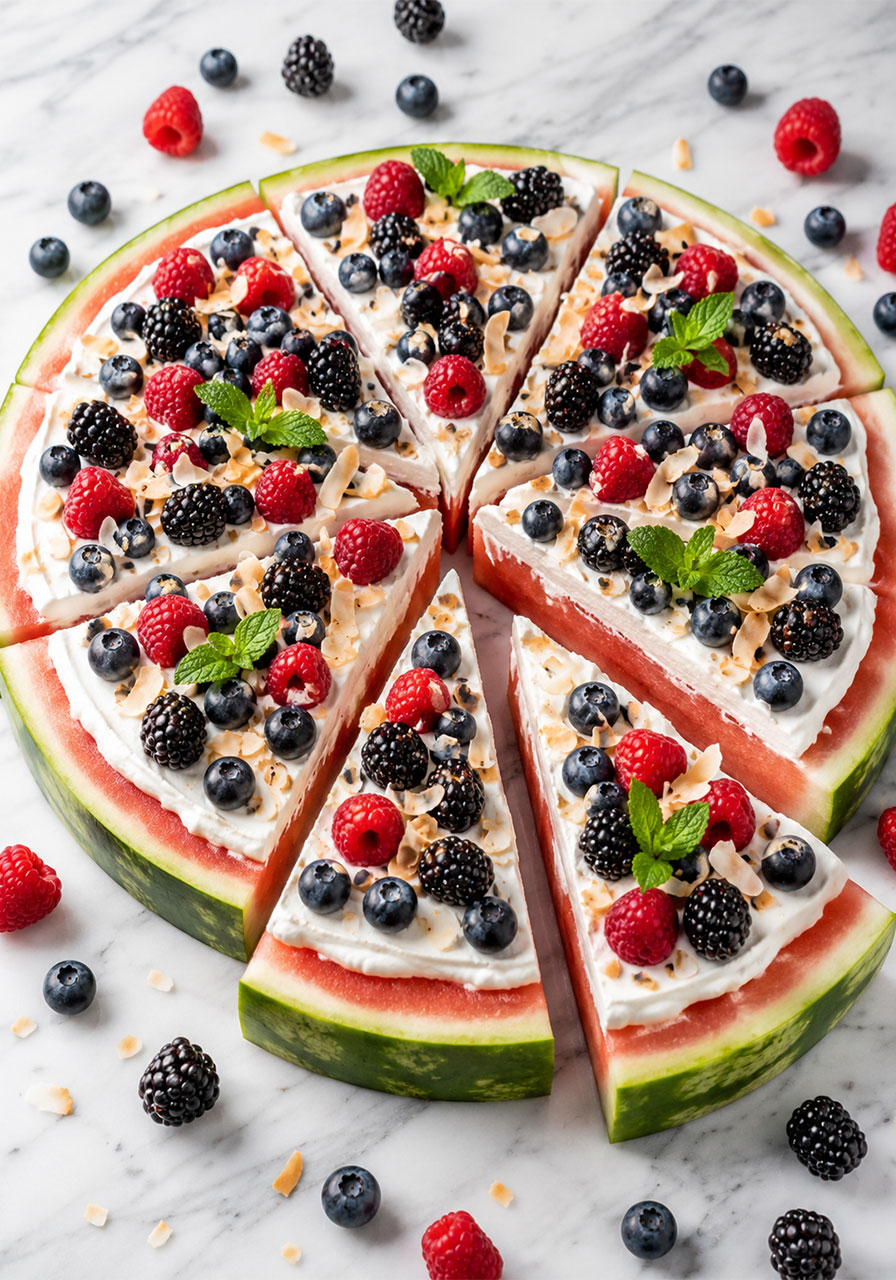 Overhead view of watermelon pizza sliced into wedges topped with cream cheese, fresh berries, and mint for a pool party