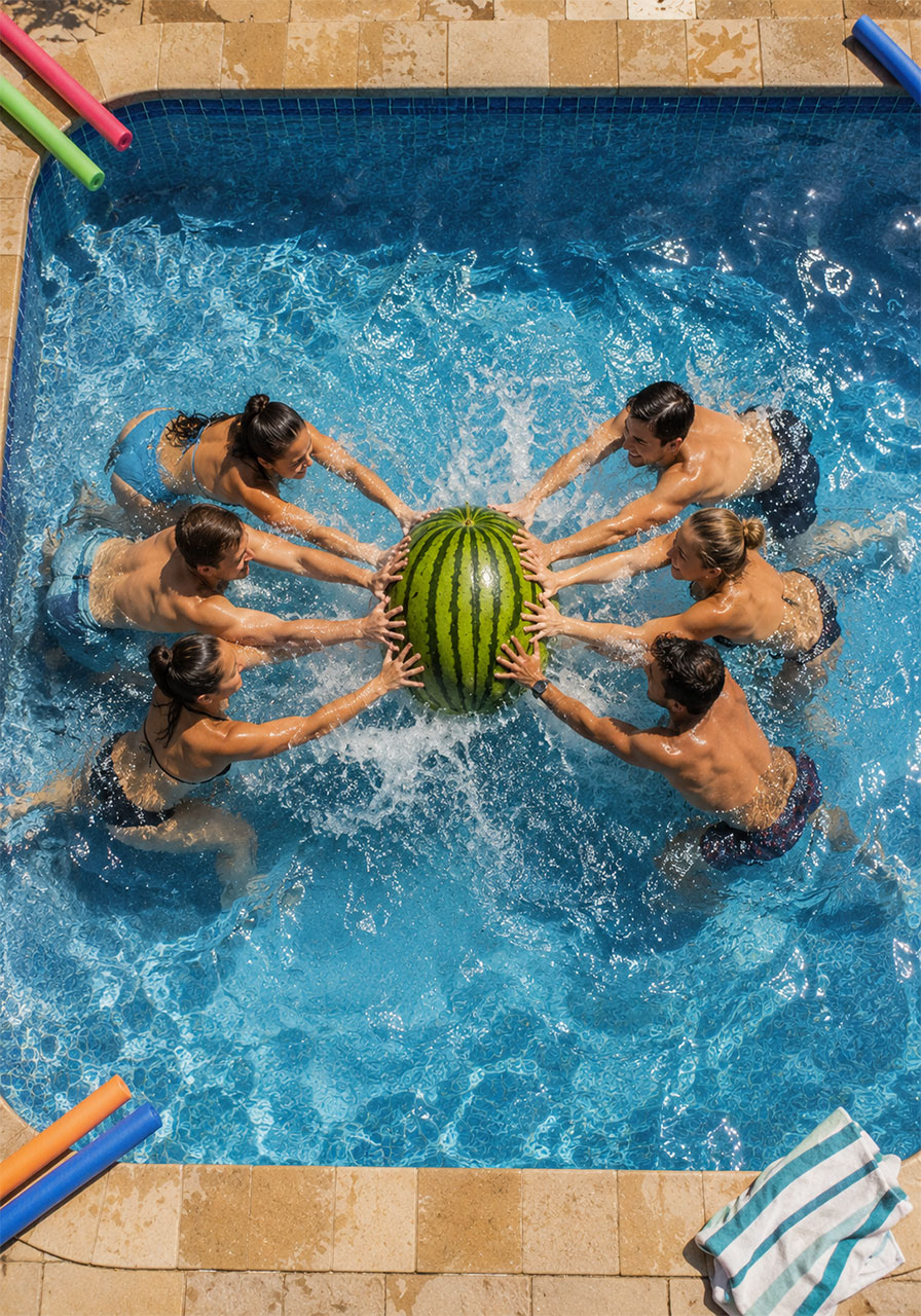 Teams pushing a whole watermelon across pool in watermelon push pool party game overhead view