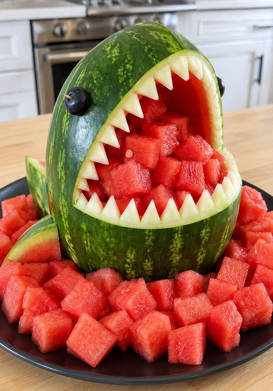 Carved watermelon shark fruit bowl with jagged teeth and blueberry eyes filled with watermelon cubes for a pool party centerpiece