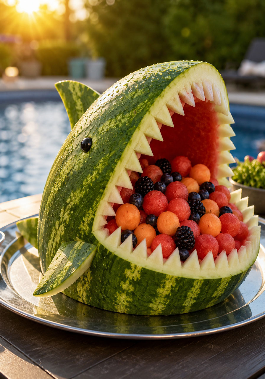 Carved watermelon shark filled with melon balls and mixed berries