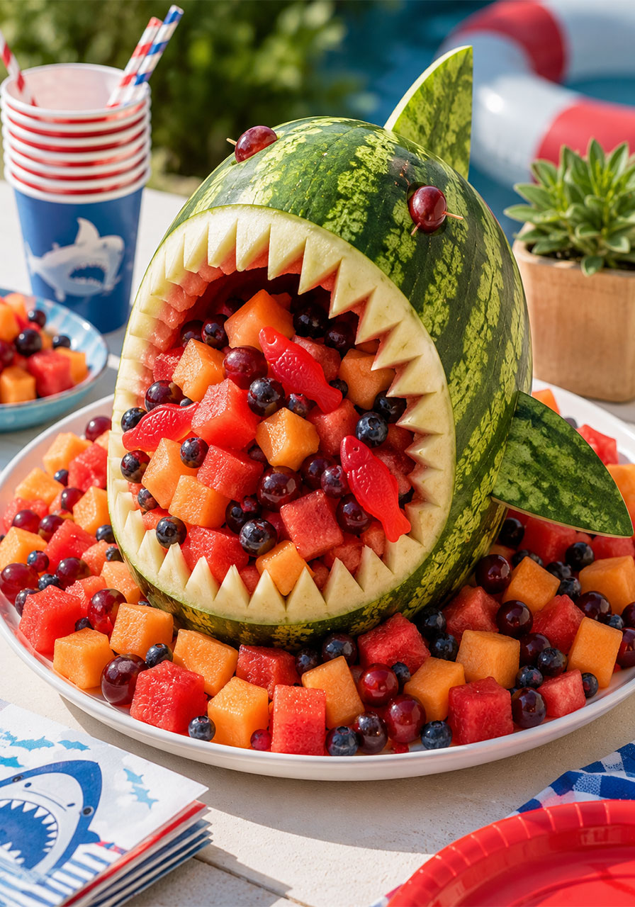 Carved watermelon shark filled with tropical fruit salad – stunning wow-factor pool party food centerpiece