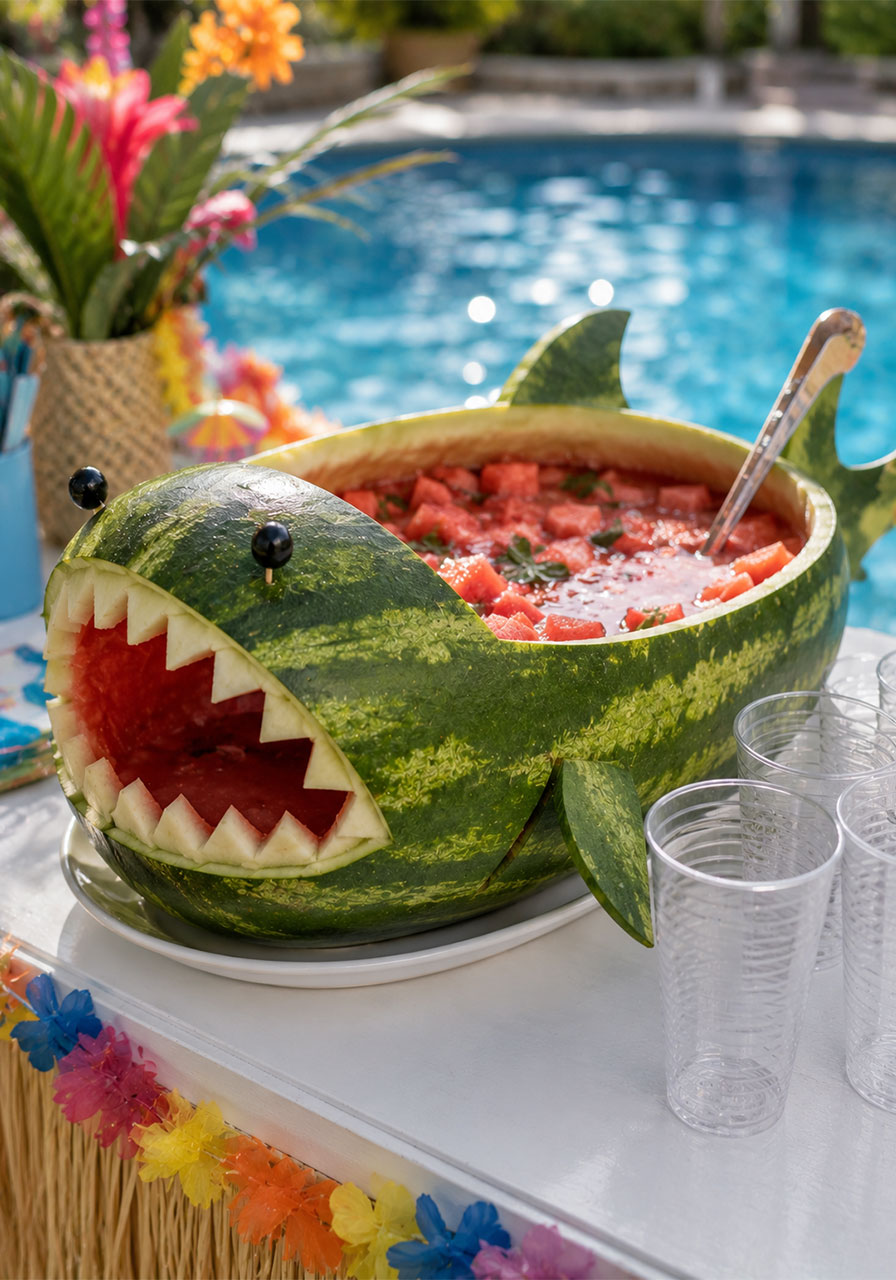 Carved watermelon shark punch bowl filled with pink watermelon punch for a summer pool party centerpiece