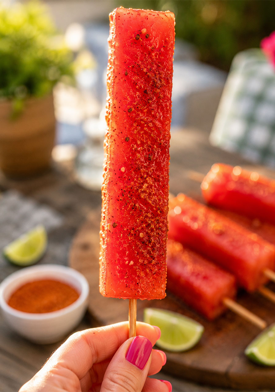 Close-up of a single Tajín-coated watermelon skewer held up against a bright summer background