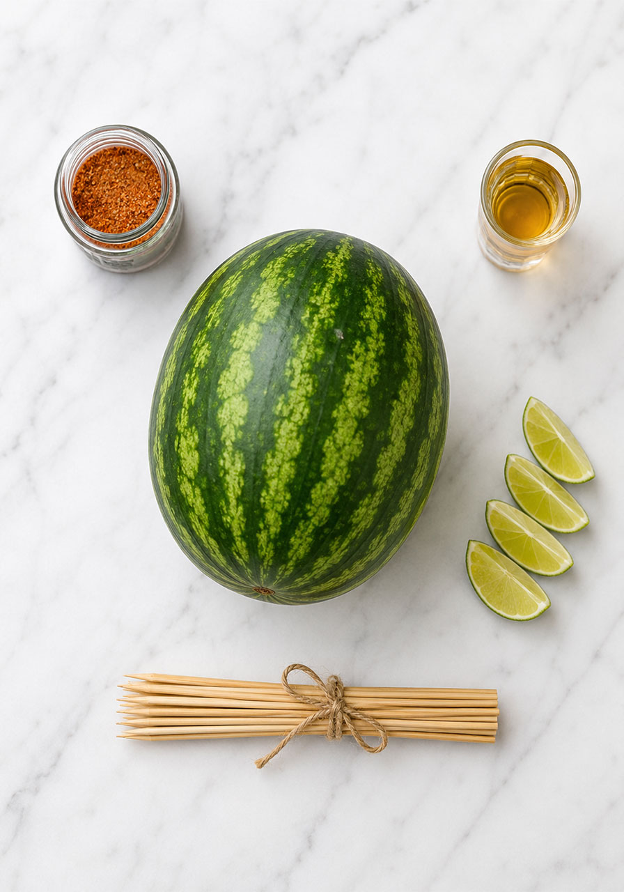 Ingredients for watermelon skewers including watermelon, Tajín, tequila, limes, and bamboo skewers laid out on white marble