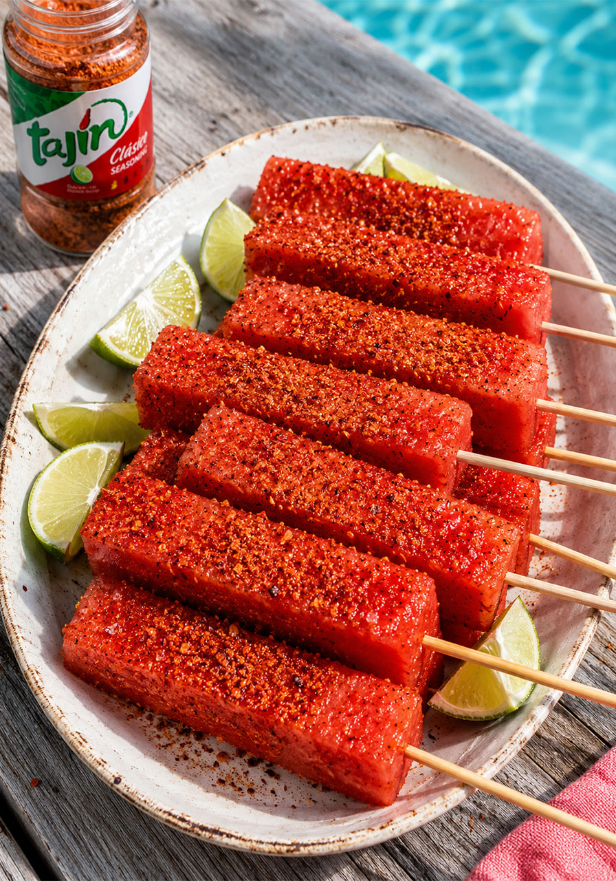 Finished watermelon skewers coated in Tajín seasoning on a rustic platter with lime wedges