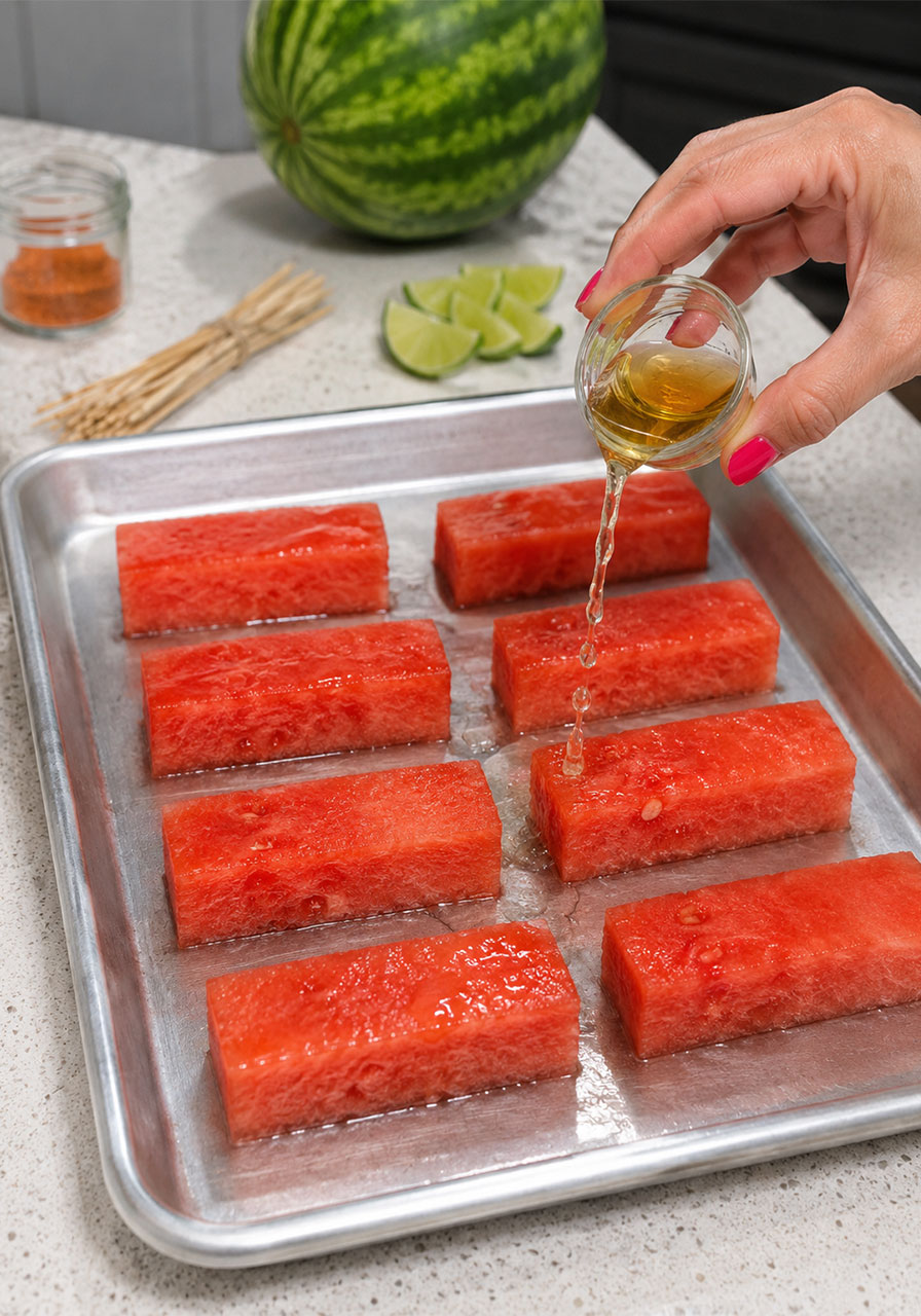Pouring tequila over watermelon batons on a baking sheet to soak before making watermelon skewers