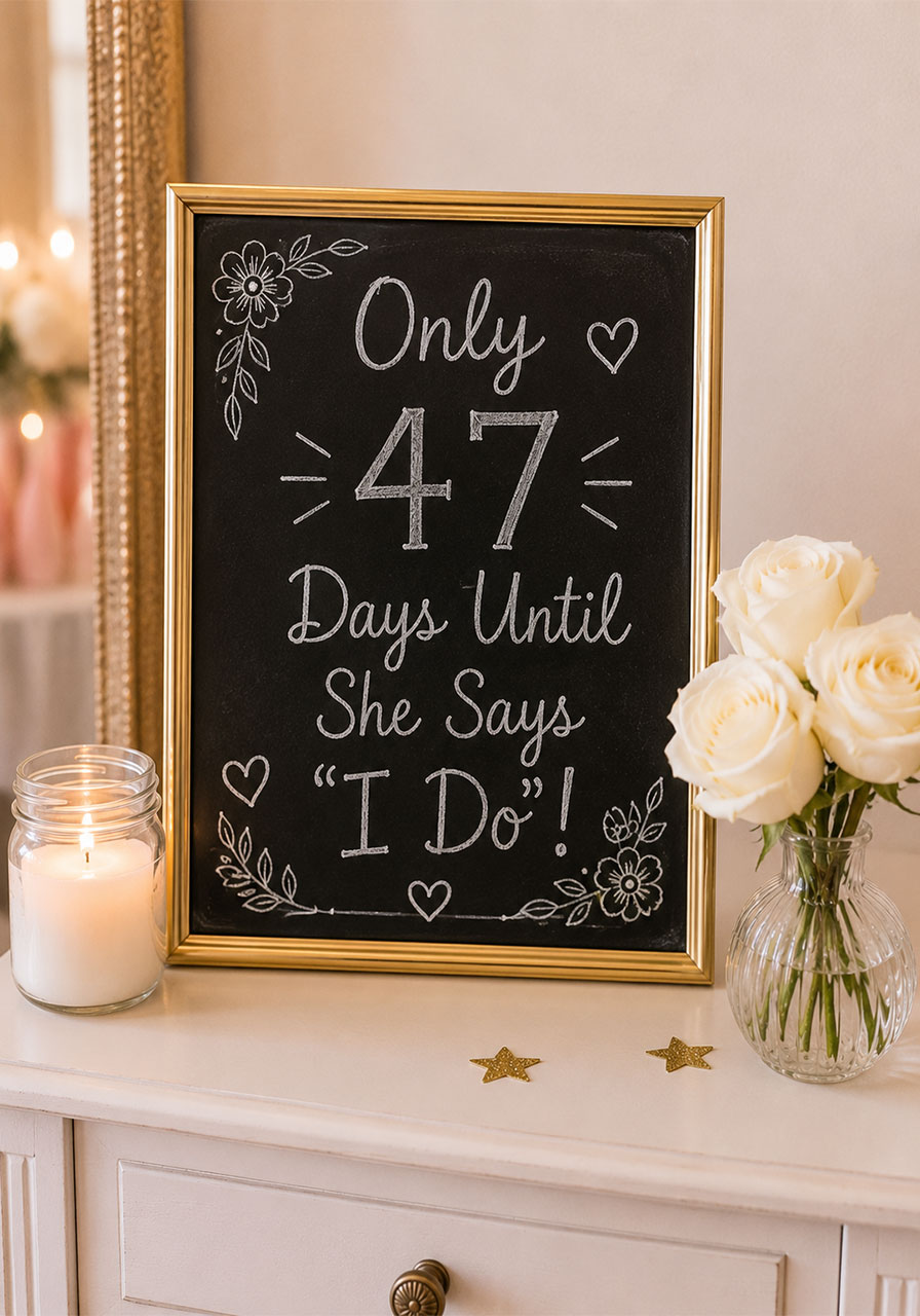 Wedding day countdown chalkboard sign with gold frame and floral doodles at bridal shower