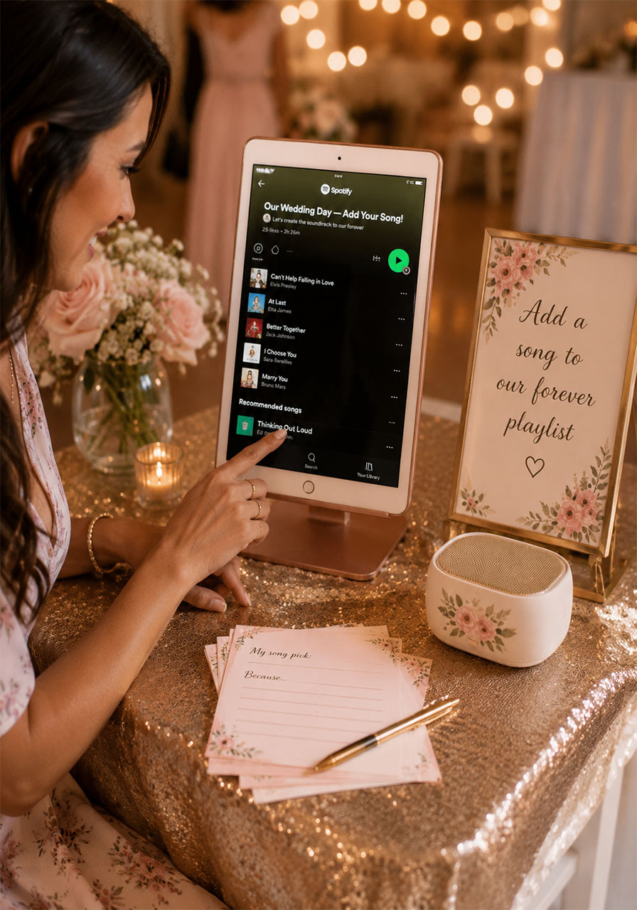 Bridal shower wedding playlist building station with an iPad showing a shared Spotify playlist, song suggestion cards, and a gold pen for guests to add their favorite songs