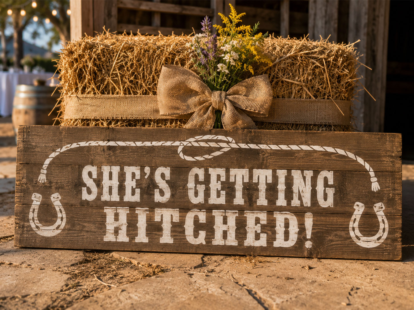 Rustic reclaimed wood She's Getting Hitched western themed bridal shower sign leaning on hay bale