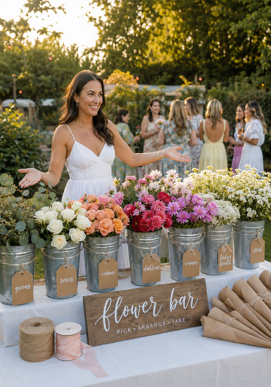 Woman presenting a complete bridal shower flower bar station with labeled galvanized buckets of roses dahlias and cosmos outdoors