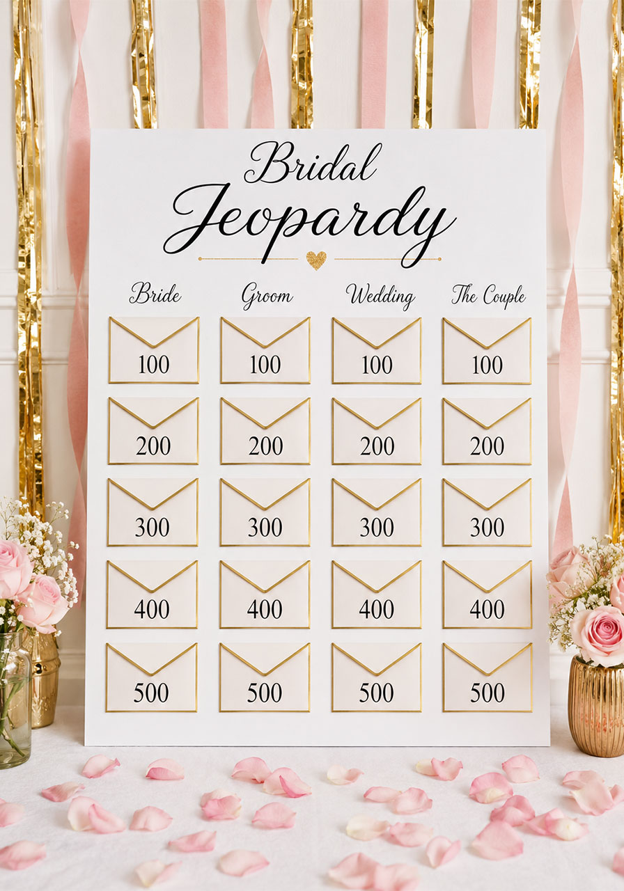 A decorated Bridal Jeopardy game board with four category columns and point values from 100 to 500 displayed at a bridal shower