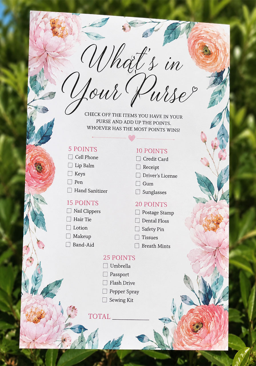 What's in your purse bridal shower game card with floral watercolor border and point values – easy no-prep shower game