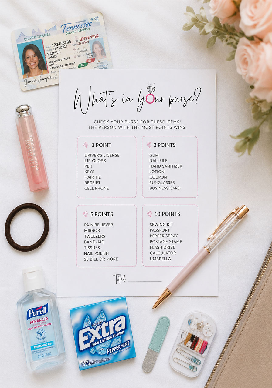 What's in your purse bridal shower game card surrounded by everyday purse items including lip gloss, hair ties, and hand sanitizer