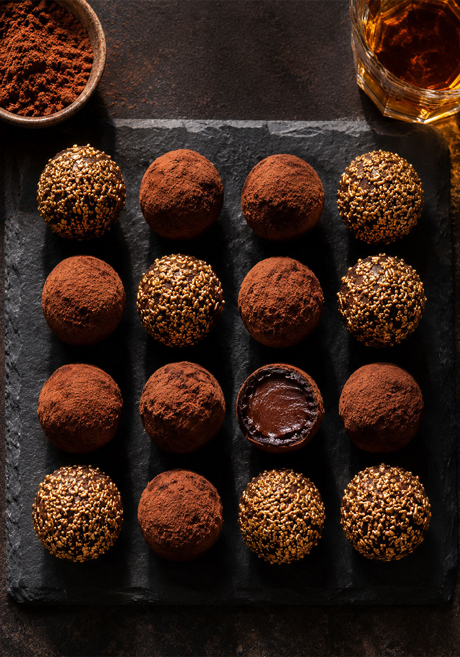 Whiskey dark chocolate truffles arranged on a slate board, half dusted in cocoa powder and half in gold sprinkles, one cut open showing the glossy ganache center