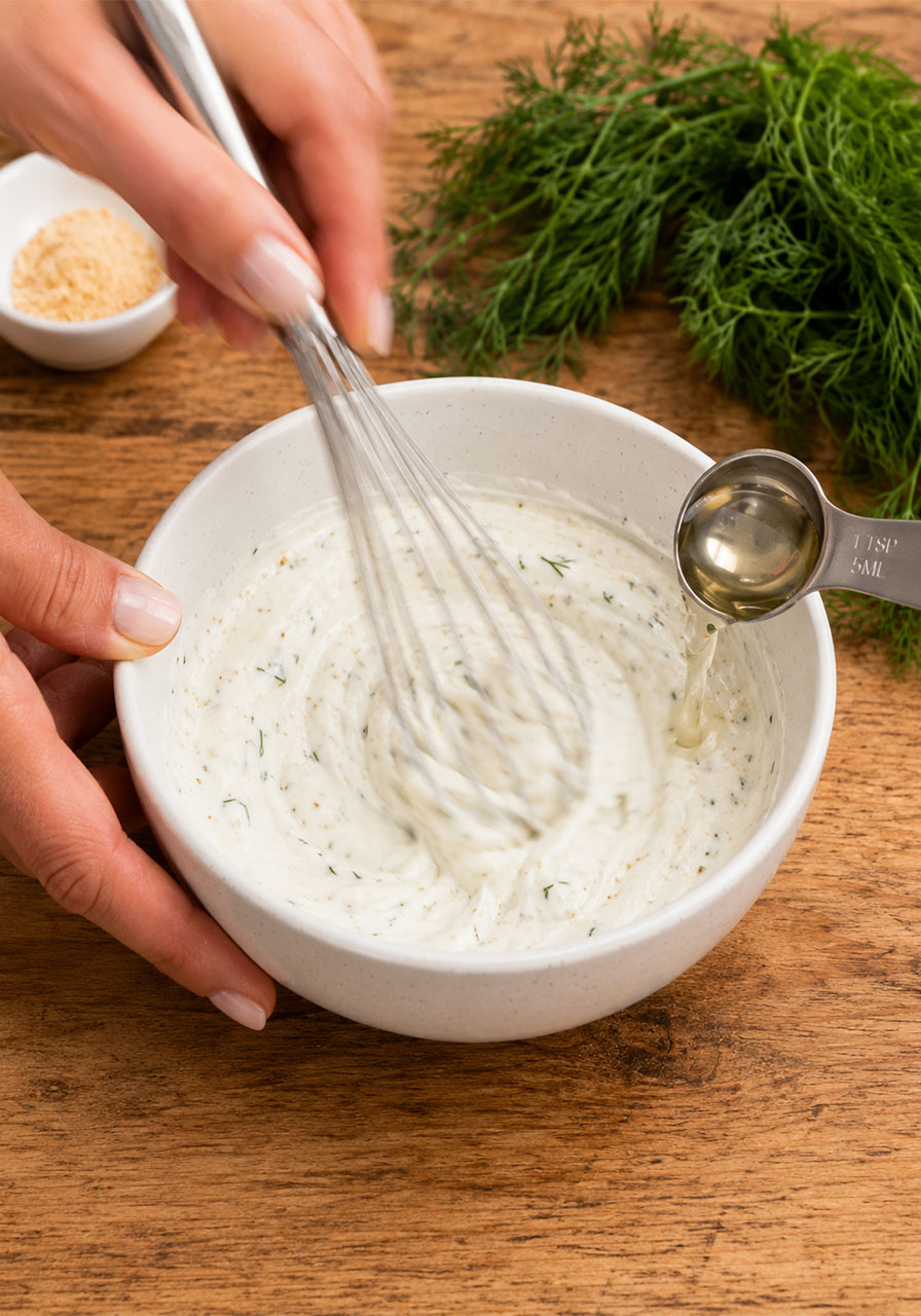 Whisking creamy sour cream and dill dressing in a white bowl for cucumber salad with bacon and cheese recipe