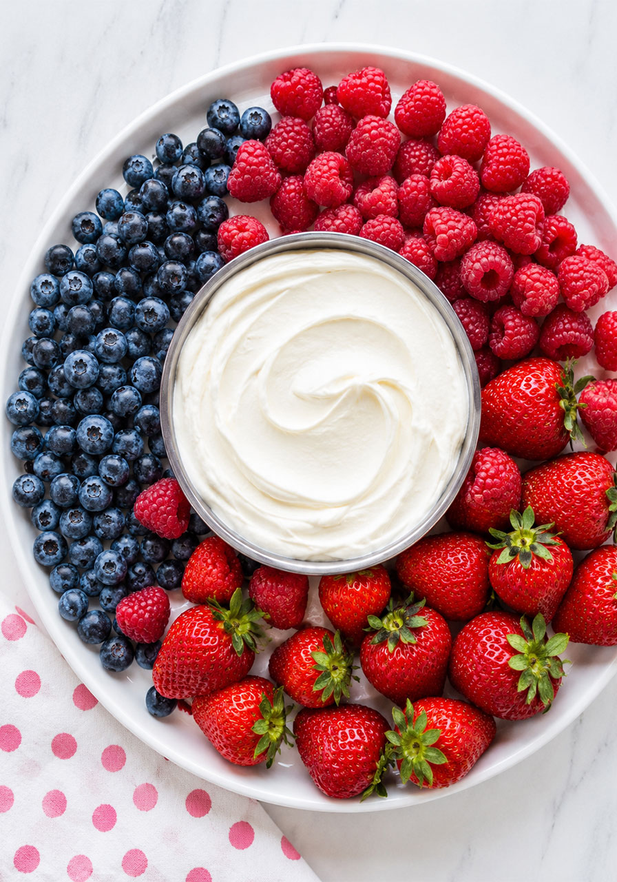 White chocolate cheesecake fruit dip on white platter surrounded by fresh strawberries blueberries and raspberries – bridal shower food idea