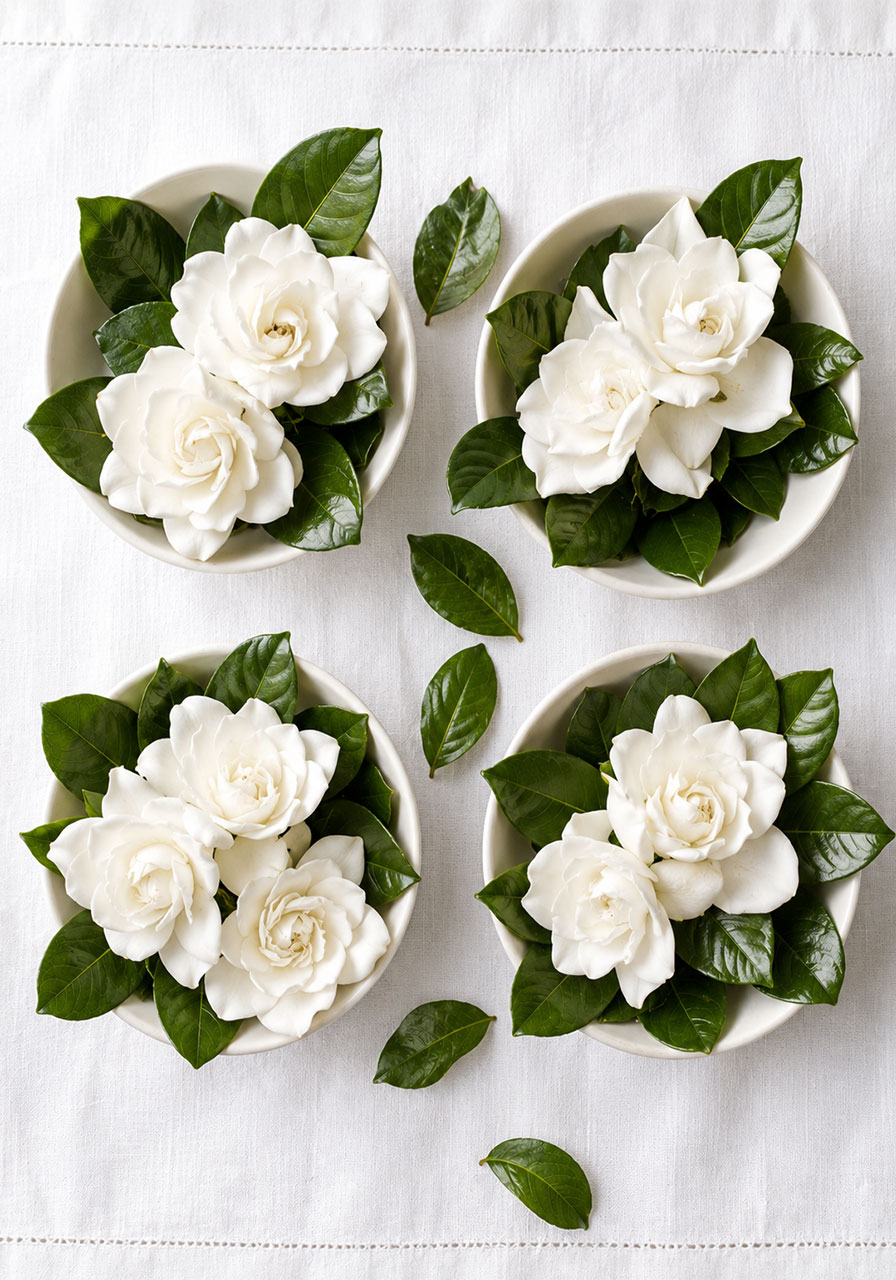 White porcelain bowls filled with fresh white gardenia blooms and glossy green leaves as a classic elegant bridal shower table centerpiece