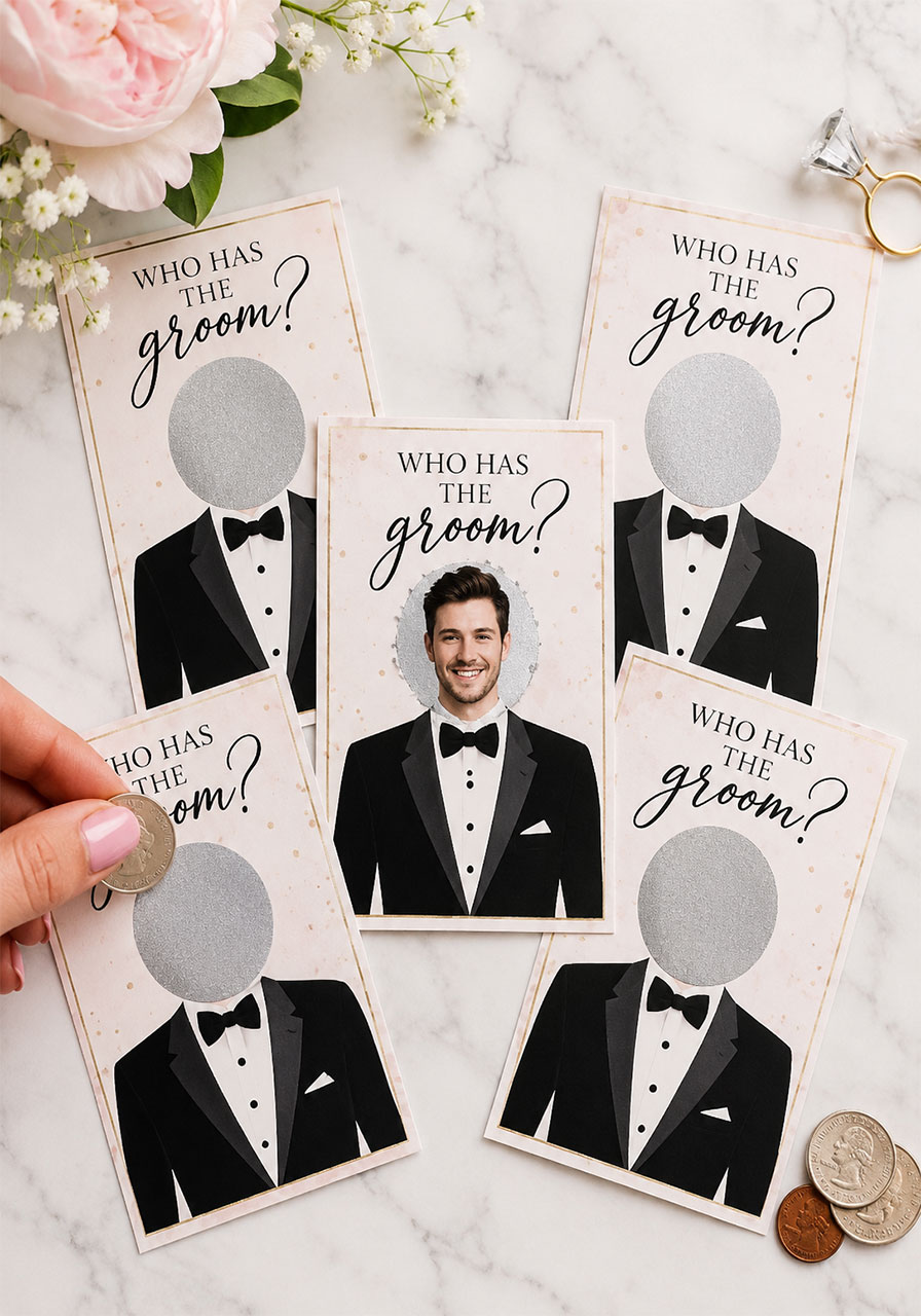 Who has the groom scratch-off bridal shower game cards fanned out on a marble surface with one card revealing the groom's face