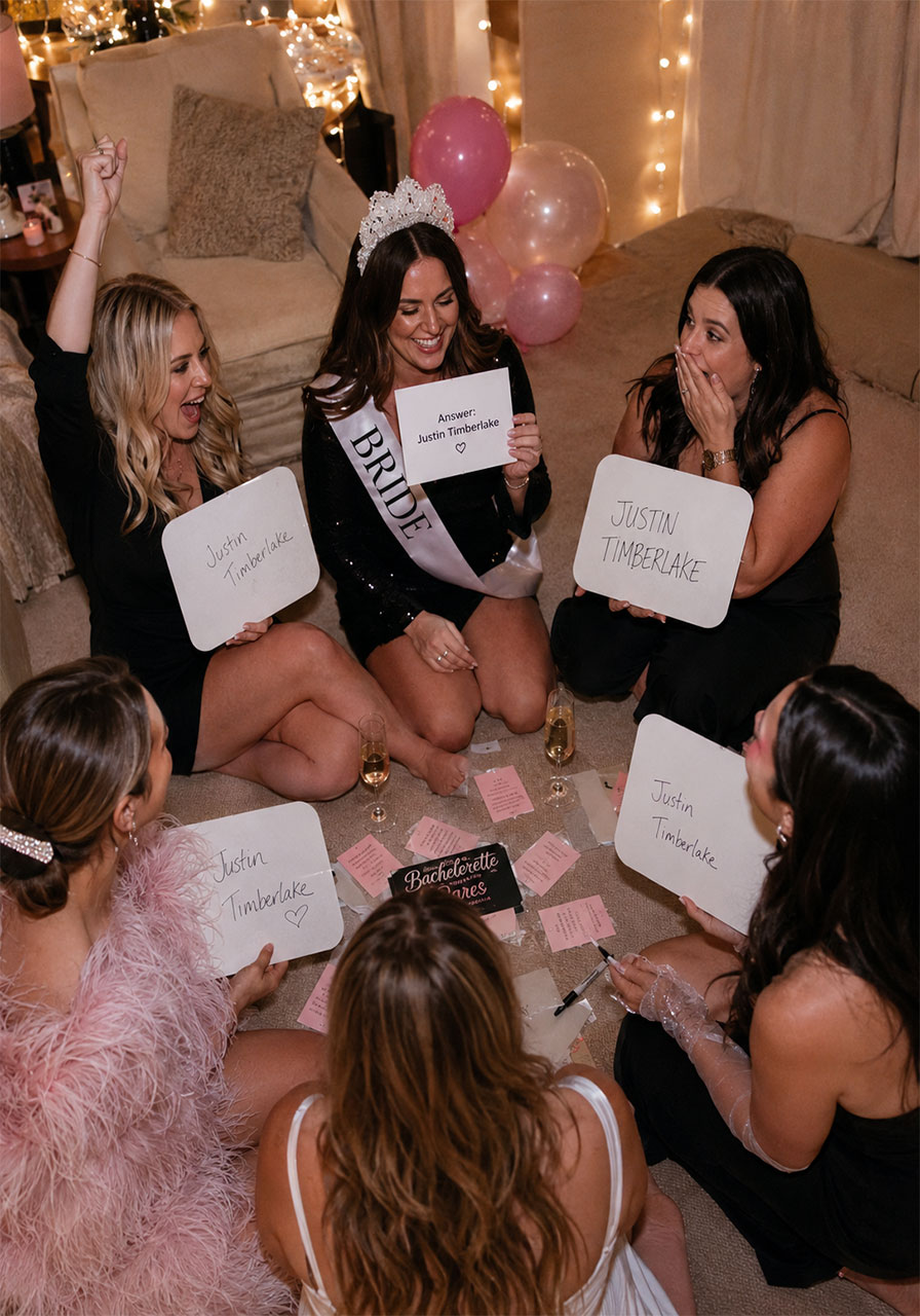 Women playing Who Knows the Bride Best trivia game at a bachelorette party