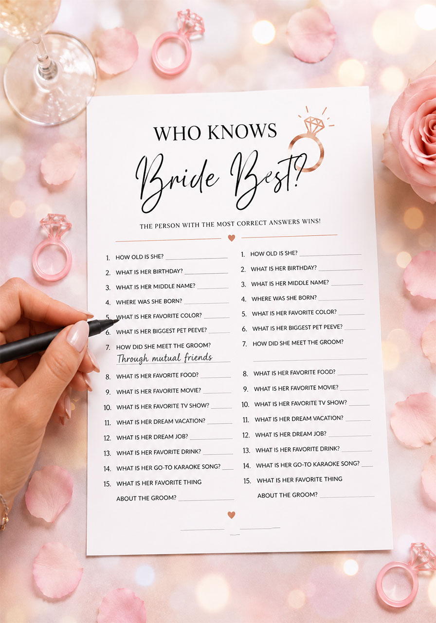 Printed who knows the bride best bridal shower game card with handwritten answers surrounded by rose petals and plastic diamond rings