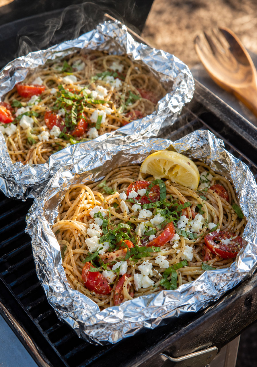 Open foil packet on grill with whole wheat spaghetti tossed in olive oil, roma tomatoes, fresh basil, goat cheese, and lemon wedge