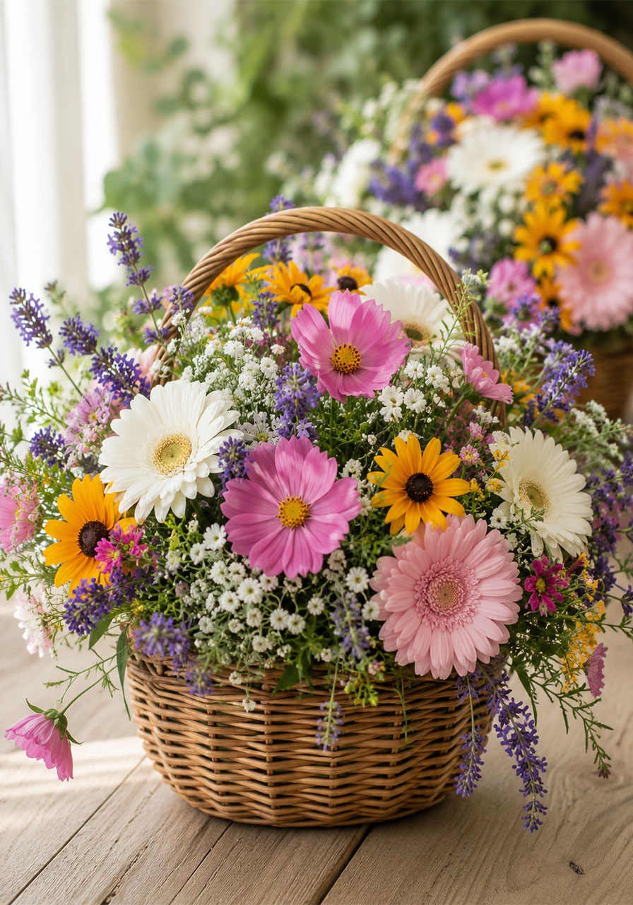 Wicker basket overflowing with colorful seasonal wildflowers including daisies and lavender as a garden party bridal shower table centerpiece