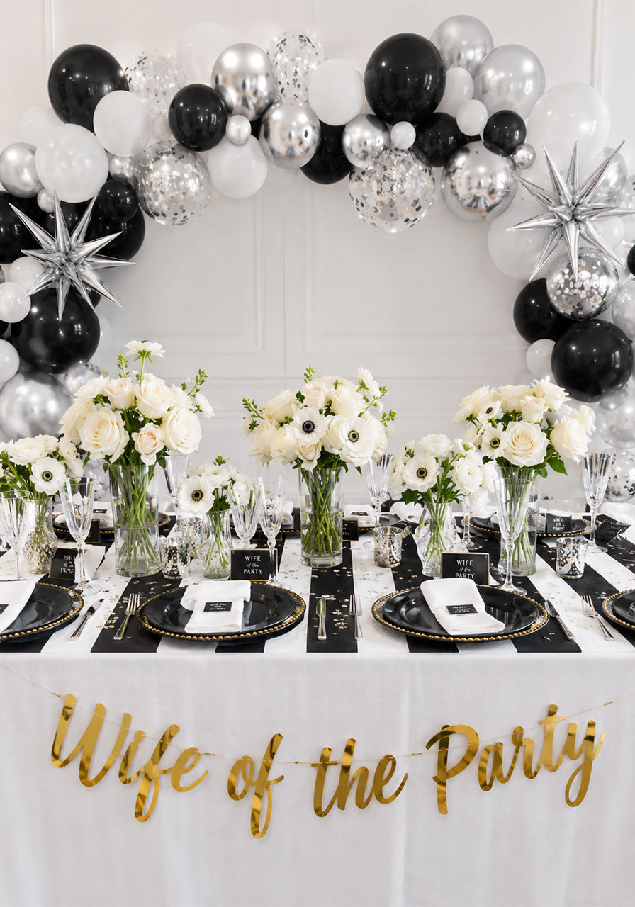 Wife of the Party bachelorette party decorations with black and white balloon arch and white rose centerpieces