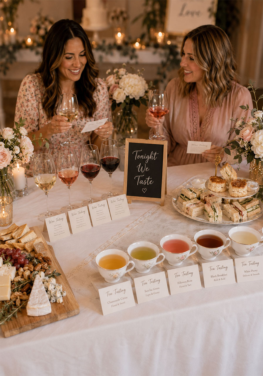 Elegant bridal shower wine and tea tasting experience with stemmed glasses filled with four wines, porcelain teacups with different teas, and printed tasting note cards on a white table