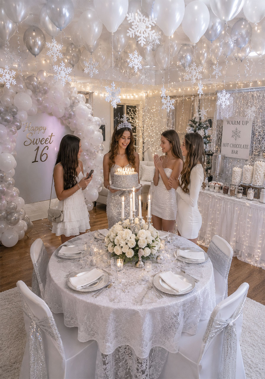 Winter Wonderland Sweet 16 birthday party with white silver balloon arch and snowflake decorations