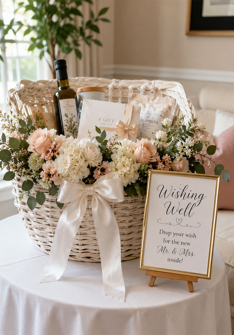 Wishing well bridal shower gift display with white wicker basket floral decor and calligraphy sign – thoughtful shower gift idea