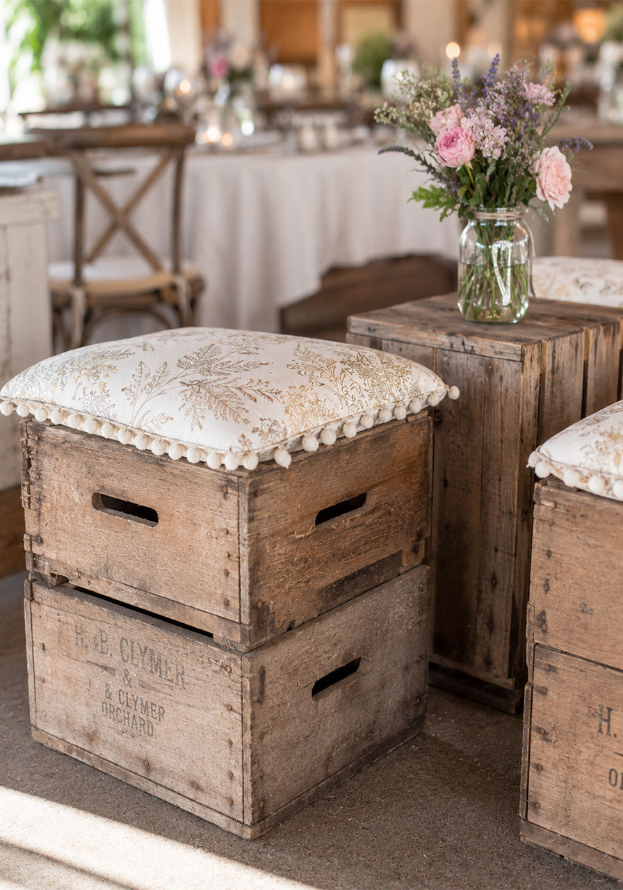 Rustic wooden crate DIY seating with cushion for summer garden party