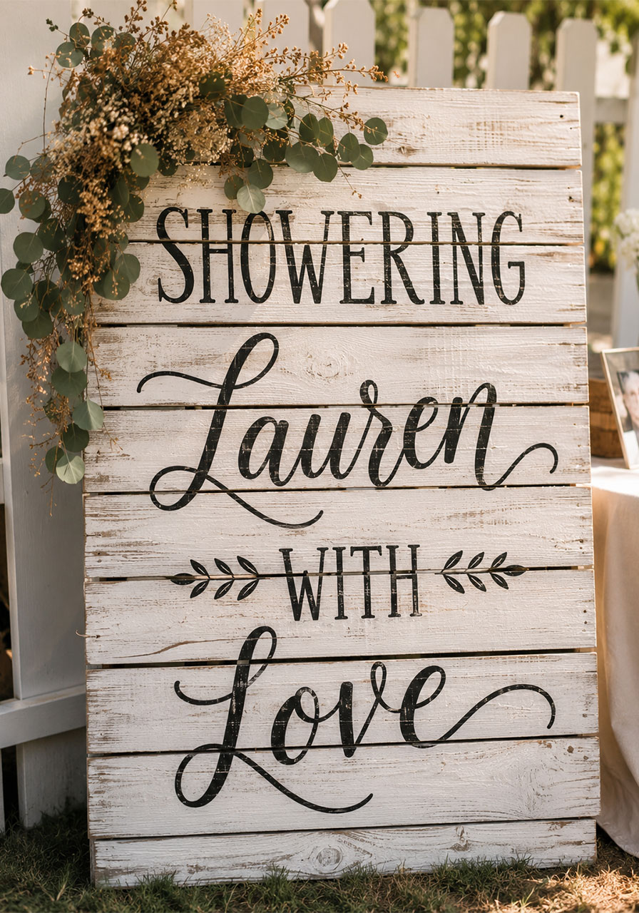 Rustic wooden pallet welcome sign with hand-painted lettering and wildflowers for outdoor bridal shower