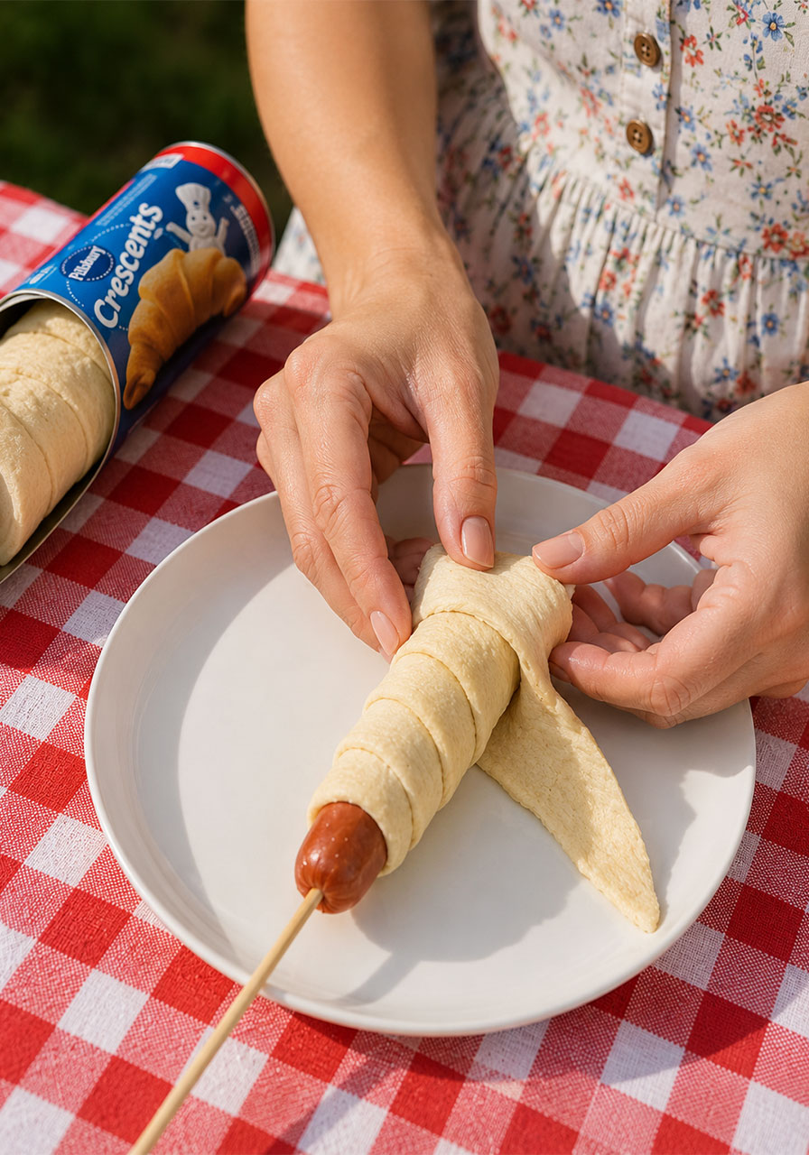 Hands wrapping a Pillsbury crescent roll triangle around a skewered hot dog in a spiral for campfire cooking