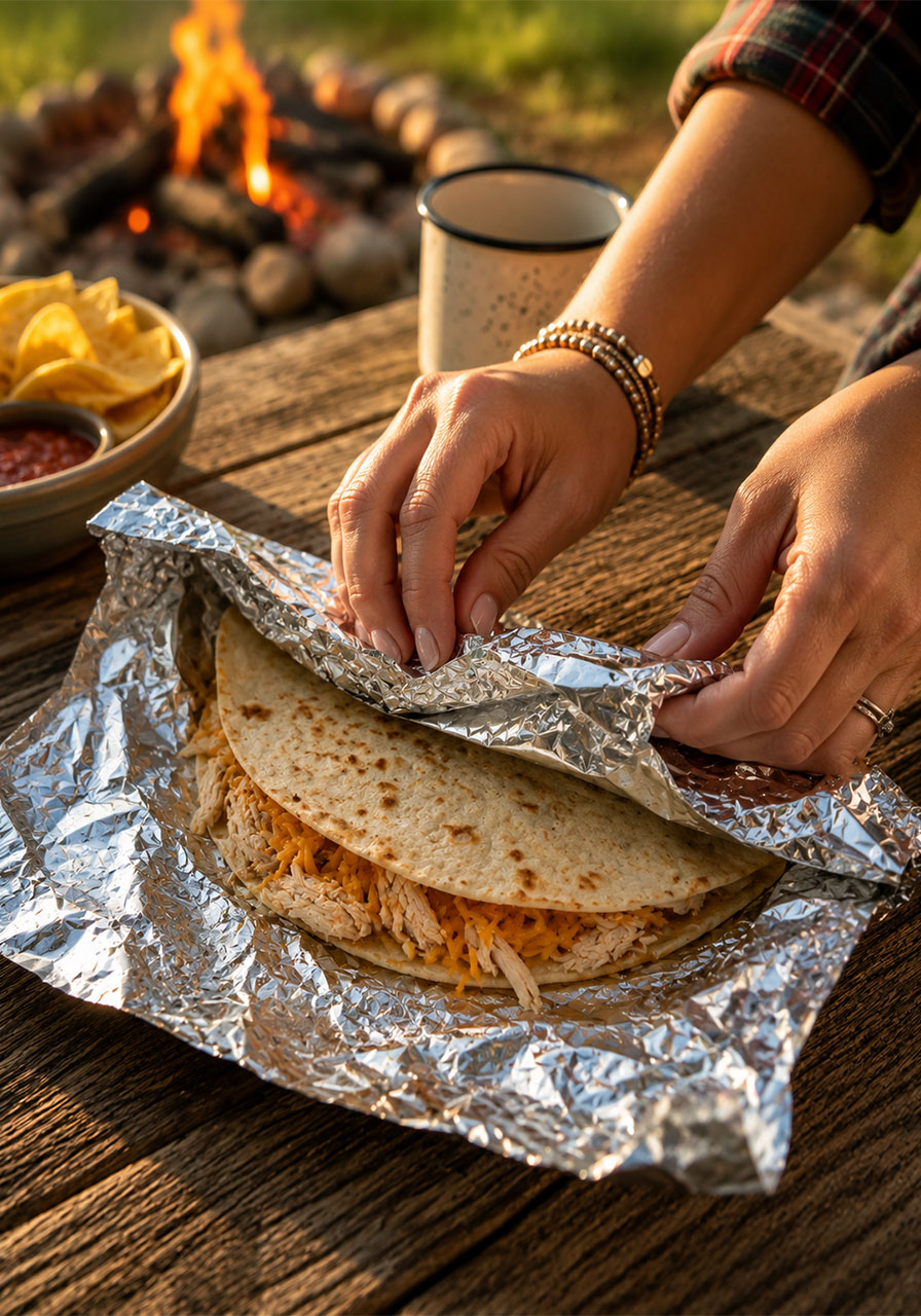 Folding flour tortilla and wrapping in foil for campfire quesadilla