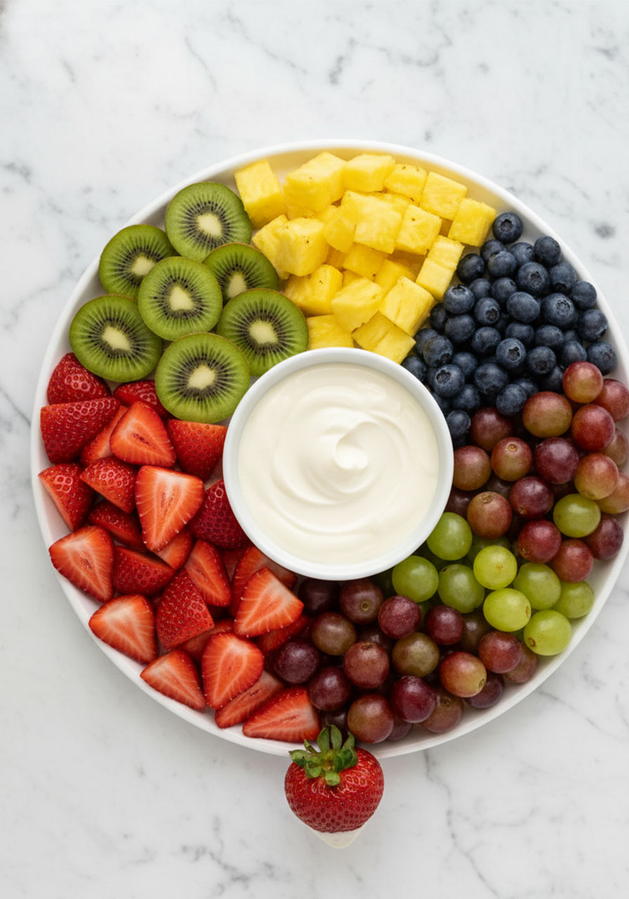 Creamy yogurt fruit dip with a colorful fresh fruit platter — easy 4-ingredient healthy pool party snack for kids