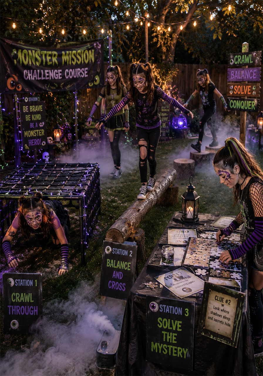 Teen girls in zombie makeup doing outdoor survival challenge obstacle course at birthday party
