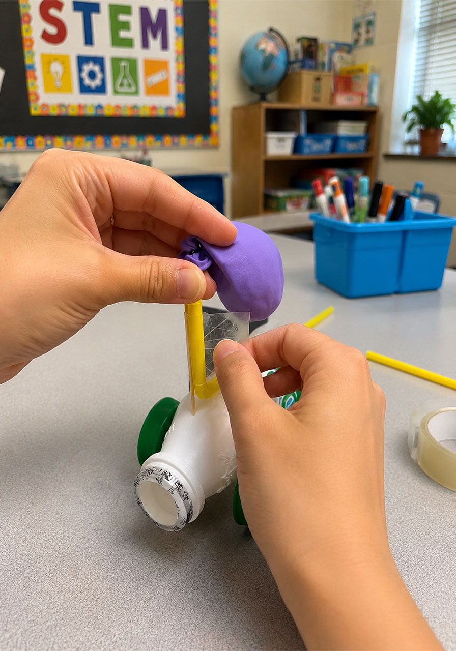 Taping the balloon and straw engine onto the recycled balloon car body part 2