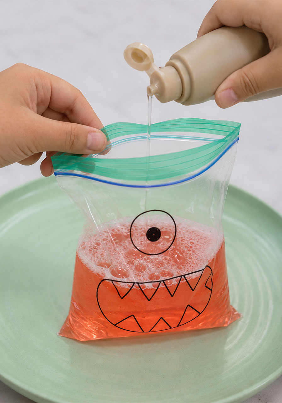 Adding dish soap to activate foam in the exploding monster science experiment