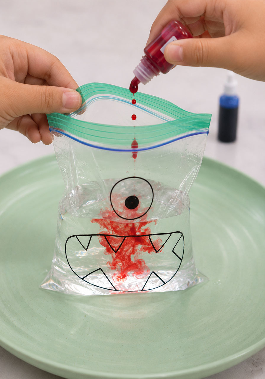Adding red food coloring to vinegar for a colorful monster science experiment