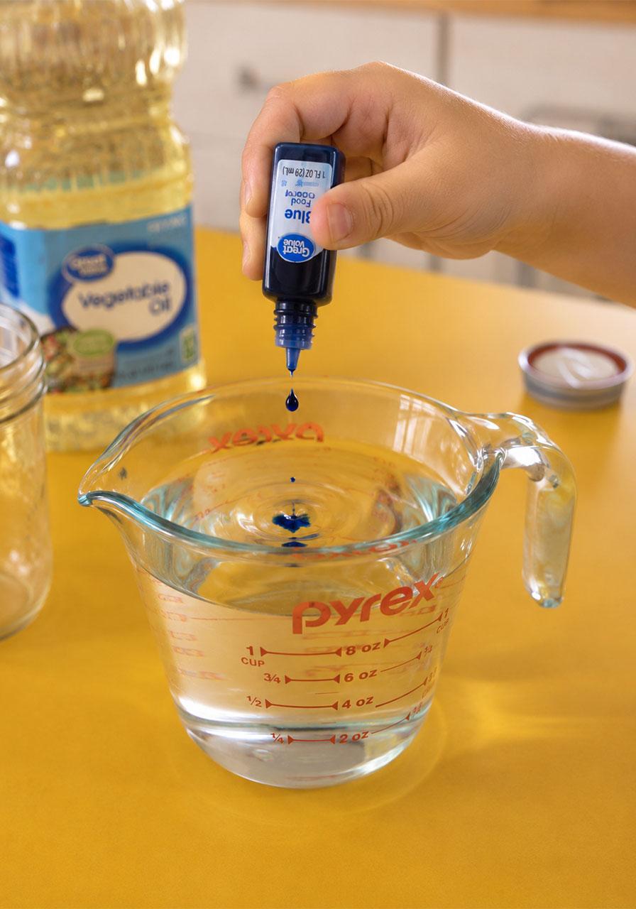 Child adding blue food coloring to water for ocean wave science experiment
