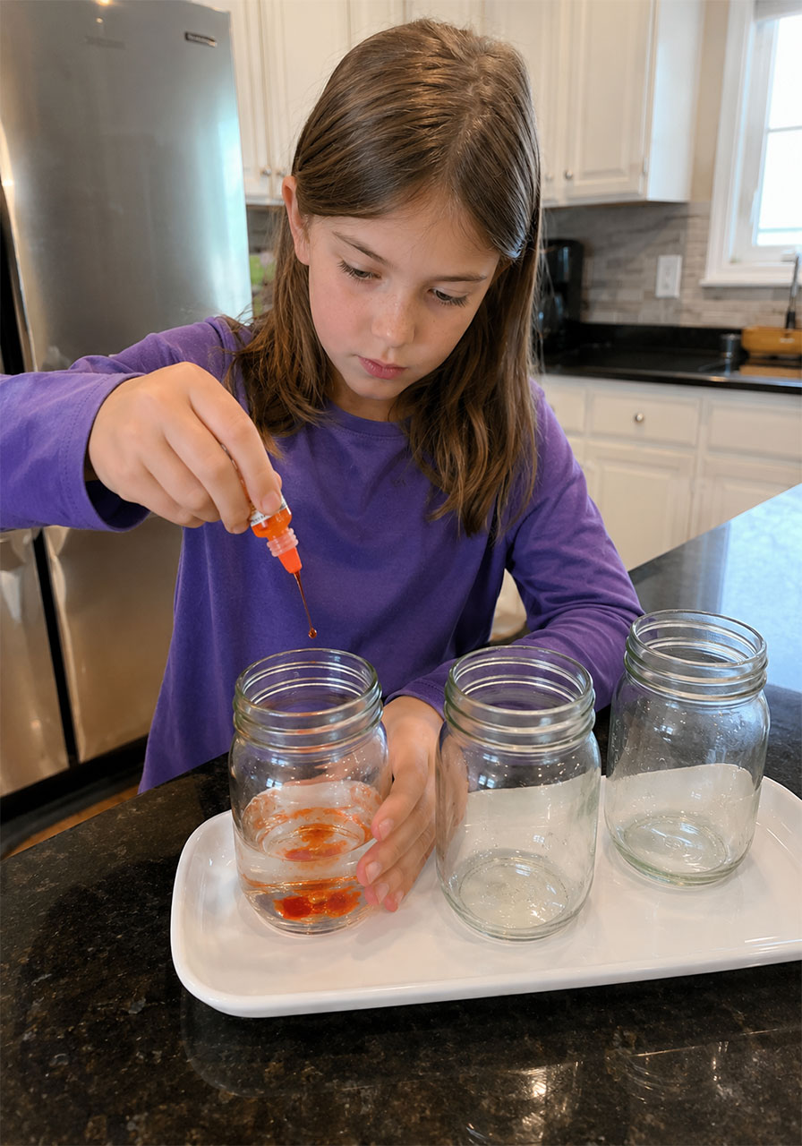 Child adding orange food coloring to water for Halloween potions science experiment