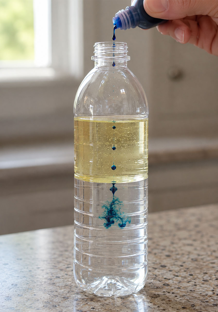 Blue food coloring drops falling into water layer of homemade lava lamp
