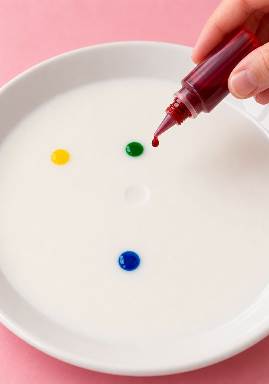 Step 2: adding drops of food coloring to milk for the color explosion experiment